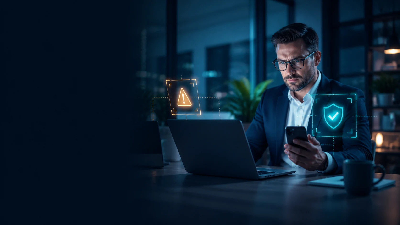 Pracownik rozpoznający próbę phishingu na laptopie i telefonie